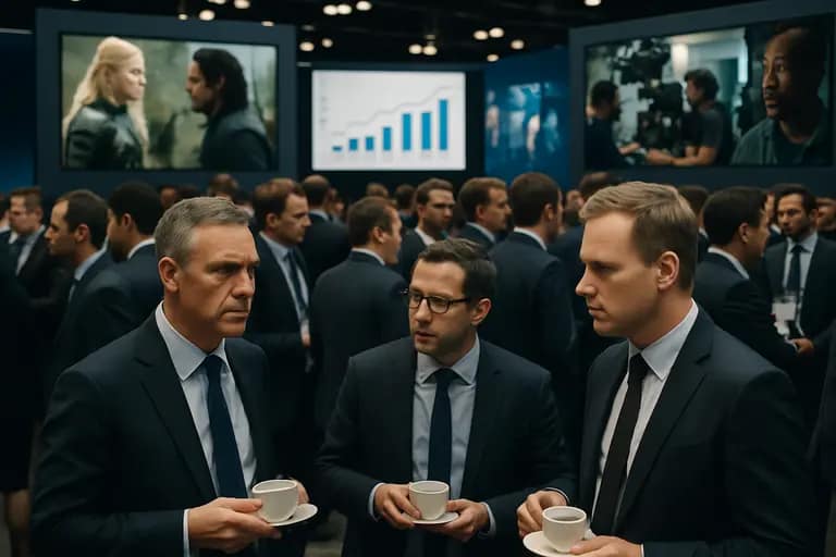 Media executives in a meeting reviewing streaming platform charts