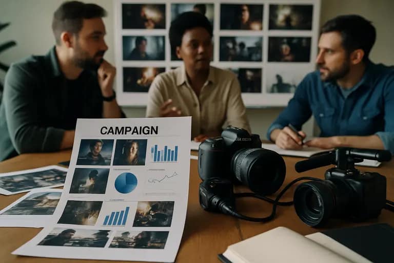 Panel planning session with campaign notes and video production gear